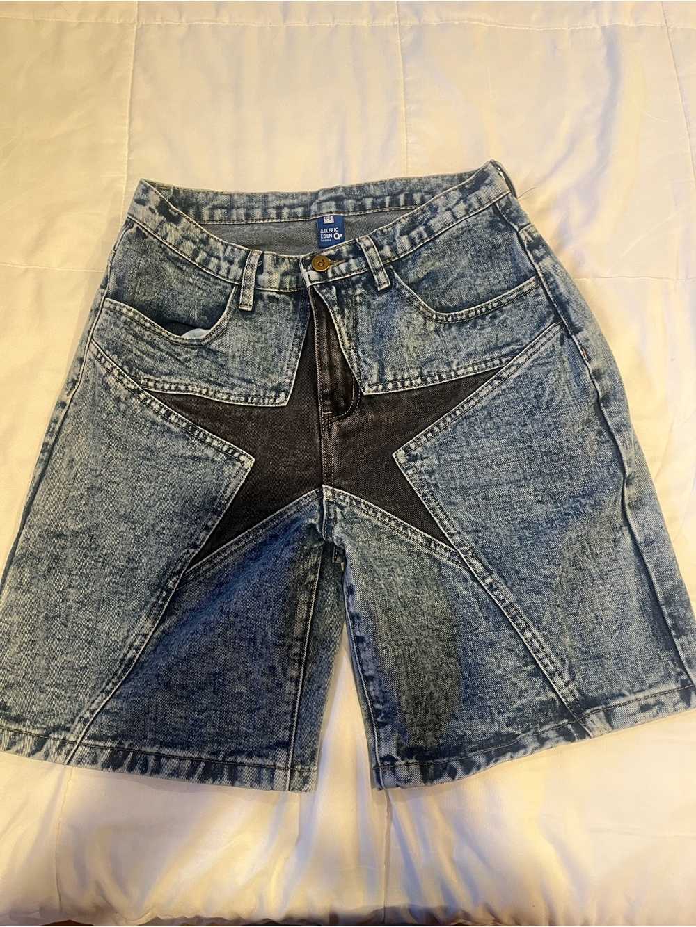 Aelfric Eden Light Blue Acid-Wash Denim Shorts with Gold Button